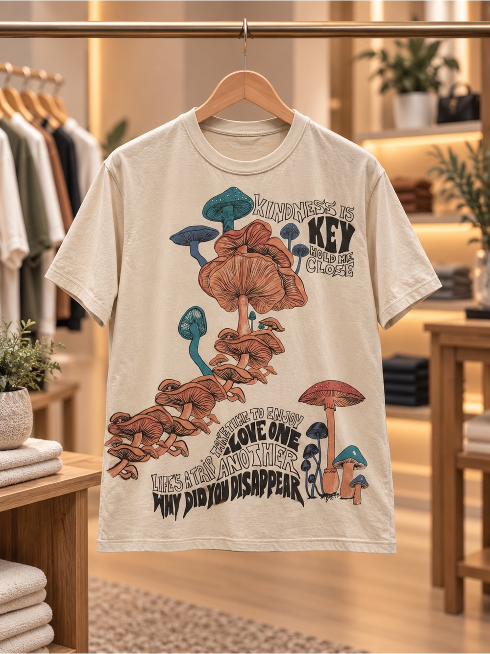 Urban Outfitters Beige Graphic Tee with Teal and Rust Mushroom Art